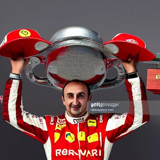 Prompt: Robert Kubica wearing a Ferrari uniform holding a F1 driver championship trophy, news photography, detailed, in focus