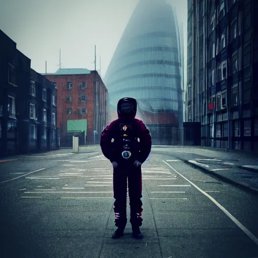 Image similar to lomo photo of astronaut in abandoned London, gloomy, foggy, dark