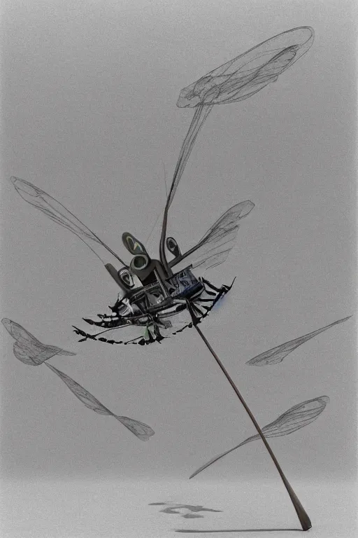 Image similar to a yves tanguy and oskar kokoschka 3 d render of a giant robotic dragonfly on a tiny island, 1 9 9 5 render