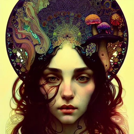 Image similar to Girl have a psychedelic experience, magic mushrooms, psilocybin, face, detailed, intricate, elegant, highly detailed, digital painting, artstation, concept art, smooth, sharp focus, illustration, art by Krenz Cushart and Artem Demura and alphonse mucha