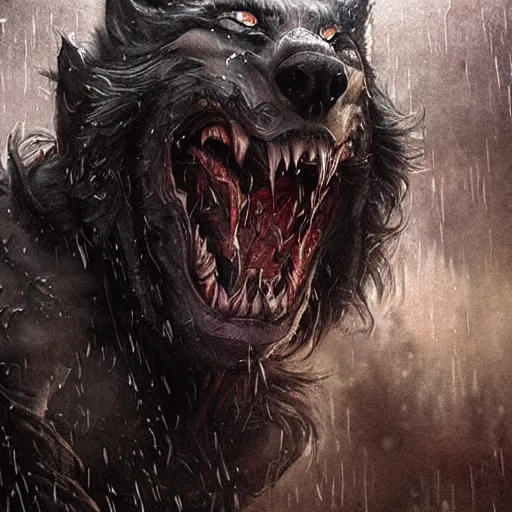Prompt: a werewolf mid transformation, scarred, wet, raining, close up, rim lighting, portrait, sinister atmospheric lighting. highly detailed painting by greg rutkowski, anime style