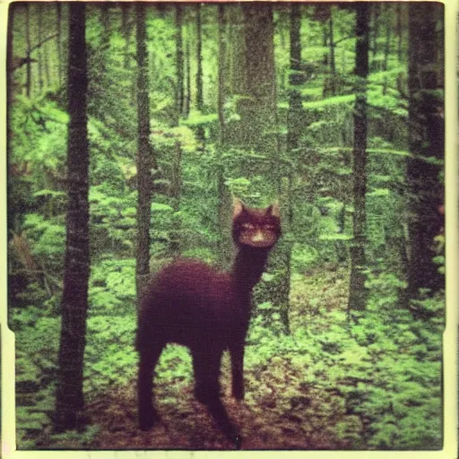 Image similar to polaroid of cryptid in the woods, blurry