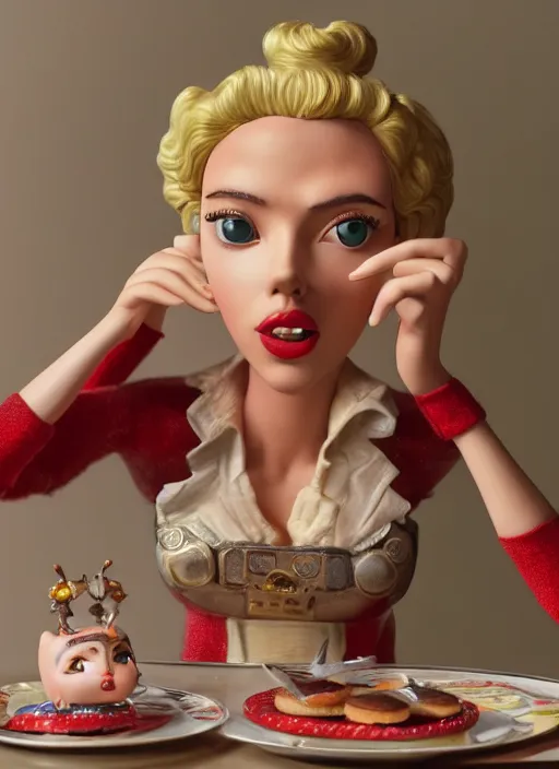 Prompt: closeup of a tin toy scarlett johansson eating cakes, depth of field, zeiss lens, detailed, symmetrical, centered, fashion photoshoot, by nicoletta ceccoli, mark ryden, lostfish, earl nore, hyung tae, frank frazetta, breathtaking, 8 k resolution, extremely detailed, beautiful, establishing shot, artistic, hyperrealistic, octane render