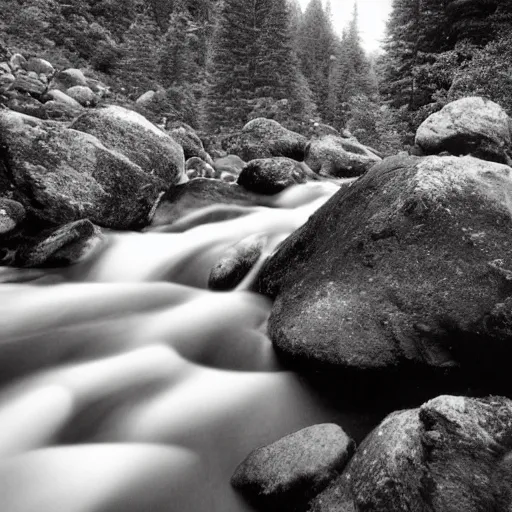 Prompt: beautiful mountains with a small stream full of trout underwater view high detail, ansel adams