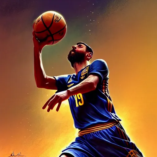 Image similar to Messi dunking a basketball, NBA, D&D style, fantasy, intricate, elegant, highly detailed, digital painting, artstation, concept art, matte, sharp focus, illustration, art by Artgerm and Greg Rutkowski and Alphonse Mucha