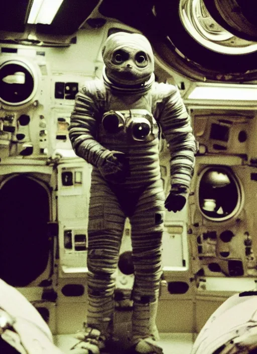 Prompt: A Reptillian wearing a spacesuit standing in the middle of a crowded 70s space station