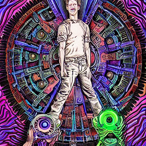 Prompt: the inner self of mark zuckerberg, clockwork engine, psychedelic, lsd, spiritual, mystical, epic beautifully detailed pen, ink and copic markers drawing by milo manara