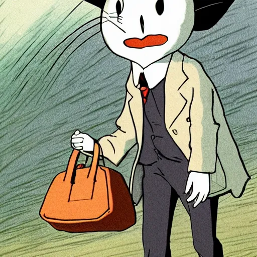 Image similar to barn owl in a black suit wearing an office bag going to the office,drawn by Hayao Miyazaki and Beatrix Potter, highly detailed,anime, anime shot,anime colours, inspired by My Neighbor Totoro 1988,cell shading