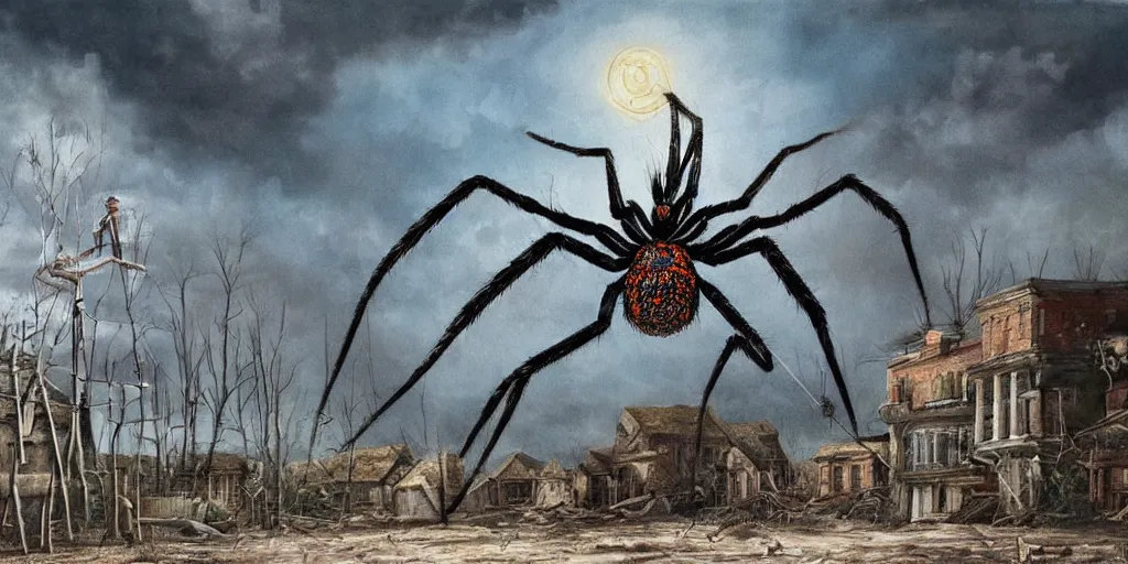 Prompt: surreal painting of giant spider walking through an abandoned town