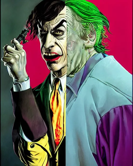 Image similar to portrait of saul goodman as the joker, colorful, art by makoto shinkai and peter elson, bernie wrightson