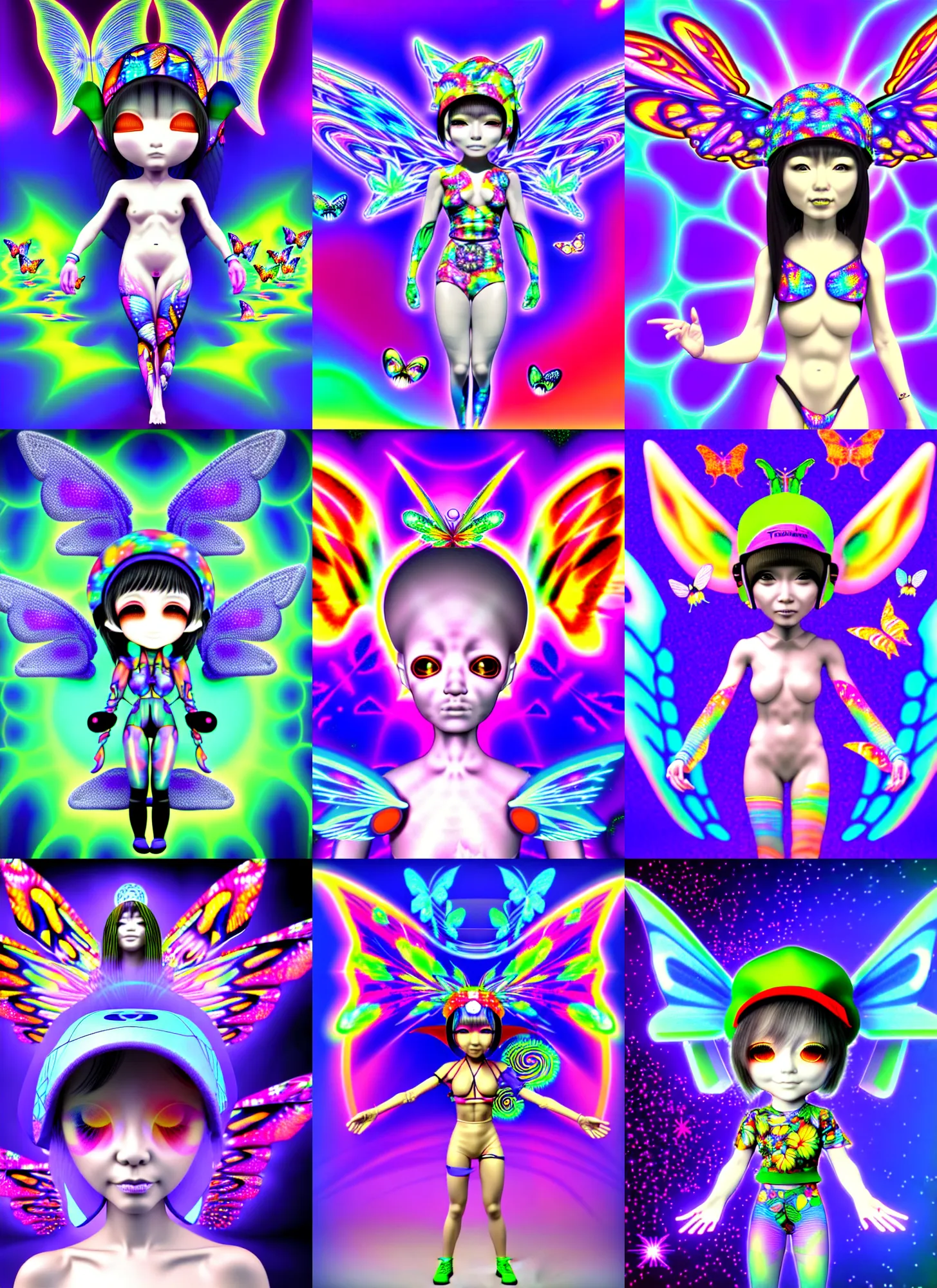 Prompt: lightwave silicon graphics render by ichiro tanida of chibi cyborg wearing a jester cap and wearing angel wings against a psychedelic acid background with rendered butterflies and maya rendered flowers in the style of early three dimensional computer graphics, sgi iris graphics