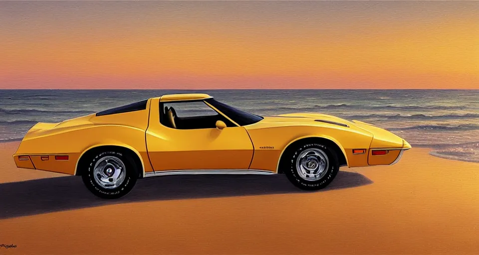 Image similar to a yellow 1979 stingray corvette at the beach at sunset, t-top, convertable,digital art,detailed,ultra realistic,art by greg rutkowski