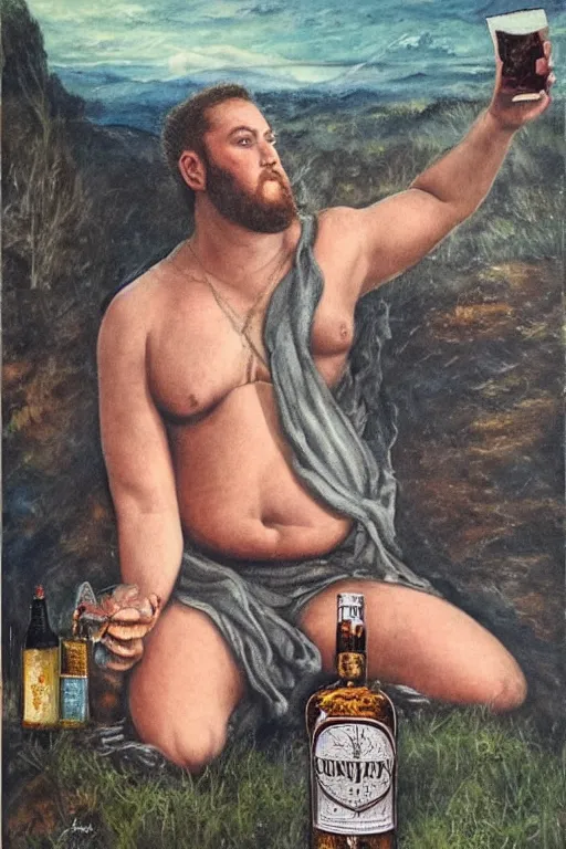 Prompt: a dramatic, epic, ethereal painting ((((((tarot card)))))) of a !!!handsome!!! thicc chunky beefy mischievous shirtless with a big beer belly wearing a large belt and bandana offering a whiskey bottle | he is a cowboy short beard relaxing by a campfire | background is a late night with food and jugs of whisky | homoerotic, rugged | stars, tarot card, art deco, art nouveau, mosaic, intricate | by Mark Maggiori (((and Alphonse Mucha))) | trending on artstation