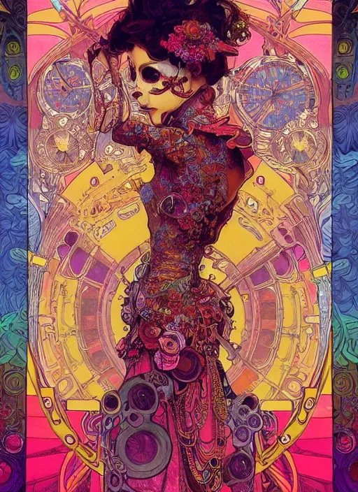 Image similar to realistic detailed psychedelic poster art of a cute steampunk android fractal Día de los Muertos girl dancing by Victor Moscoso Rick Griffin Alphonse Mucha Ayami Kojima Amano Charlie Bowater, masterpiece