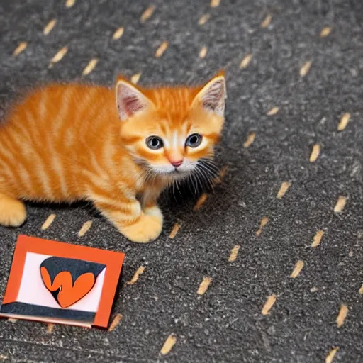 Image similar to cute orange tabby kitten with a sign that says