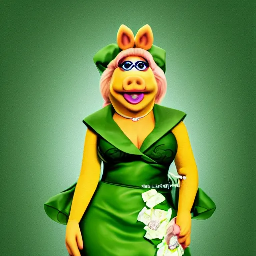 Image similar to miss piggy in the green versace dress, fanart, artstation, detailed, digital art