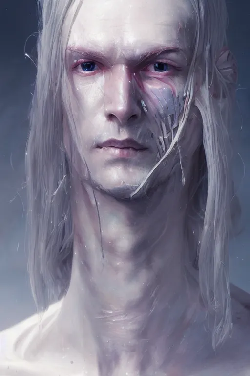 Image similar to a fancy portrait of a male cyborg with long white hair and pale skin with joints still visible by greg rutkowski, sung choi, mitchell mohrhauser, maciej kuciara, johnson ting, maxim verehin, peter konig, bloodborne, 8 k photorealistic, cinematic lighting, hd, high details, dramatic, dark atmosphere, trending on artstation