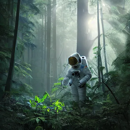 Image similar to an astronaut scans the lush forest, digital art, epic composition, highly detailed, cinematic lighting