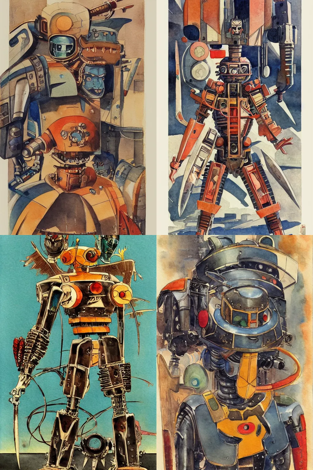Prompt: vintage anime cinematic robot warrior by Victor Brauner, watercolor concept art by Syd Mead, by william herbert dunton, watercolor strokes, japanese woodblock, by Jean Giraud