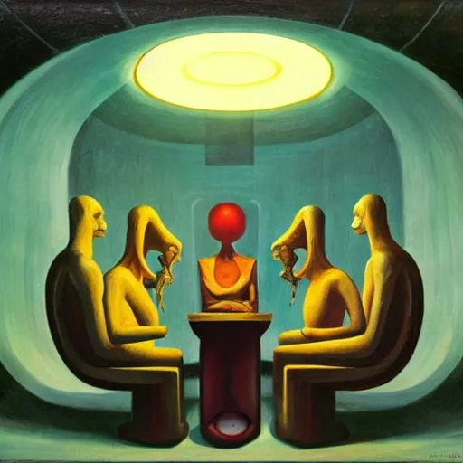 Image similar to three biomorphic robotic seers watchers oracles soothsayers with glowing eyes portrait, inside a dome, pj crook, grant wood, edward hopper, syd mead, chiaroscuro, oil on canvas