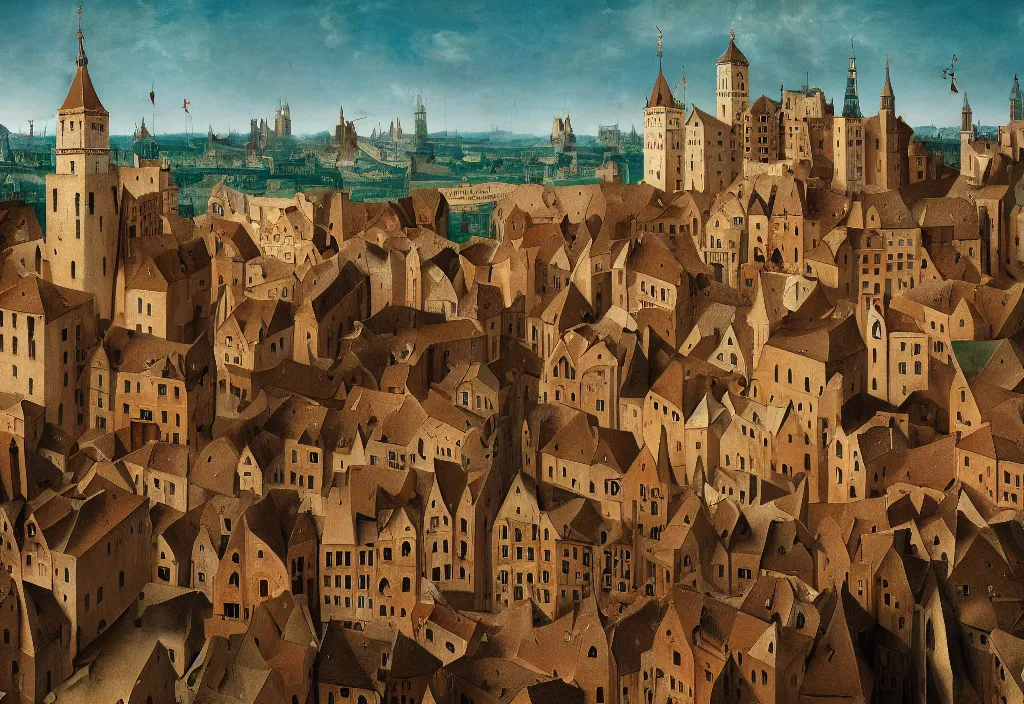 Prompt: accidentally wes anderson award - winning photograph of a medieval city, art by hieronymus bosch, art by greg rutkowsky, trending on artstation, cinematic lighting, filmic grain, golden hour, detailed, 4 k