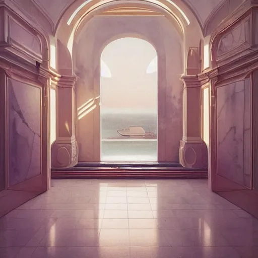 Image similar to indoor liminal space, golden light, greg rutkowski, marble, palm trees, pink door, minimalistic, hyperrealistic surrealism, award winning masterpiece with incredible details, epic stunning, infinity pool mirrors, a surreal vaporwave liminal space with mirrors, highly detailed, trending on artstation, artgerm and greg rutkowski and alphonse mucha, daily deviation