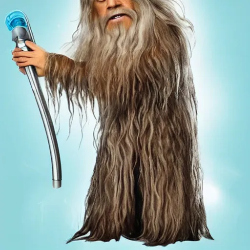 Image similar to gandalf as chewbacca, shampoo hair dryer, hair dryer advertisement