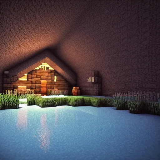 Prompt: atmospheric render of a small cabin next to a lake inside a dark underground cavern, minecraft rtx, 4 k