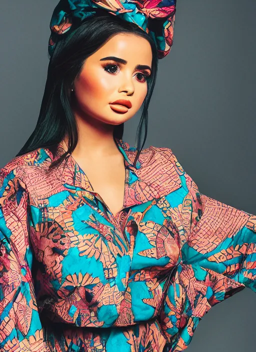 Image similar to portrait of demi rose wearing batik shirt, by francis giancobetti, natural light, detailed face, canon eos c 3 0 0, ƒ 1. 8, 3 5 mm, 8 k, medium - format print