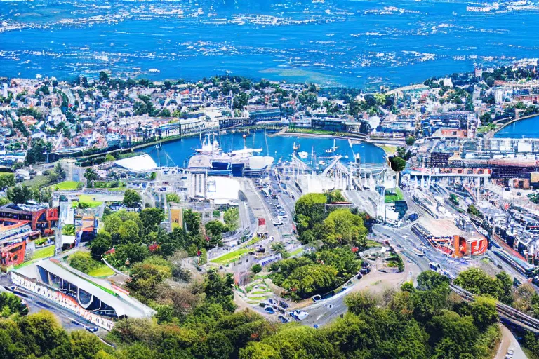 Image similar to bird's eye view photography of a small city. town hall, central farm, monorail station, beach and shipping dock. hills, woods and lake to the north.