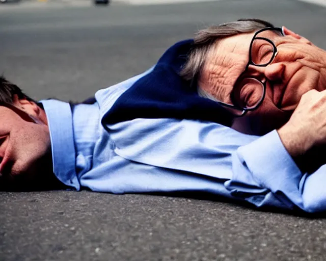 Prompt: drunk bill gates sleeping in the street