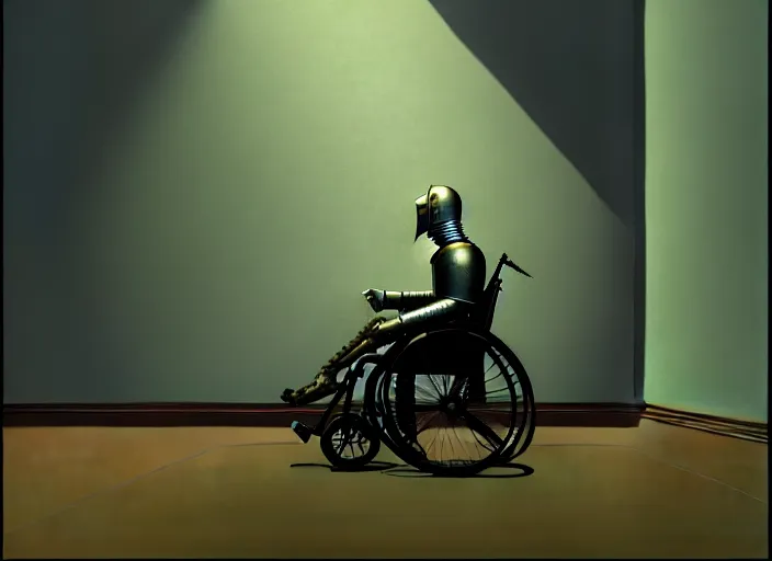 Image similar to knight in armor in a wheelchair do tricks, minsk, highly detailed, soft lighting, elegant, works by edward hopper and james gillard, zdislaw beksinski, stephen outram, andreas m wiese, highly detailed, masterpiece. rendered in blender, smooth shadows, ultra detail, high resolution, unreal 6, 8 k