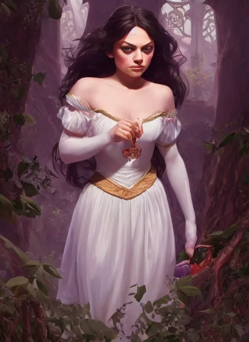 Image similar to beautiful young mila kunis as snow white princess disney, closeup, d & d, fantasy, intricate, elegant, highly detailed, digital painting, artstation, concept art, matte, sharp focus, illustration, art by artgerm and greg rutkowski and alphonse mucha