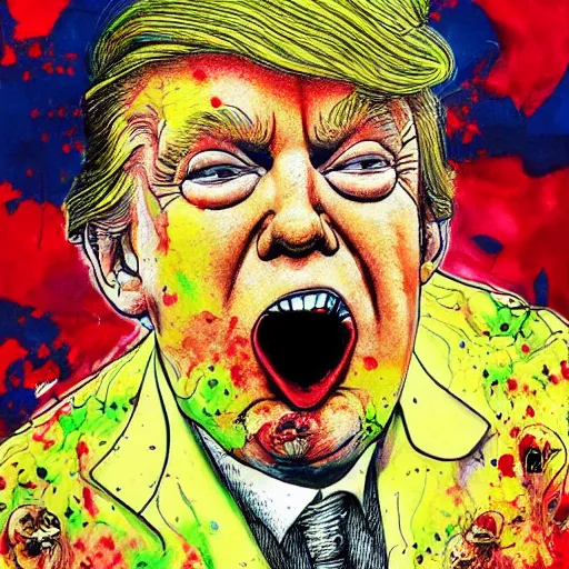 Image similar to president Donald Trump eating an infant, Ralph steadman, psychedelic, surreal, ink splatter, detailed, 4k