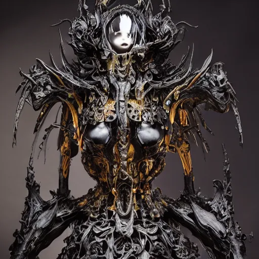 Prompt: garden of bone, dark priest, carved latex armour transparent black veil, hell, dark gold accents, frontal, black rococo, sculpted by tsutomu nihei, emil melmoth, zdzislaw belsinki, craig mullins, yoji shinkawa, artstation, beautifully lit, peter mohrbacher, zaha hadid, hyper detailed, insane details