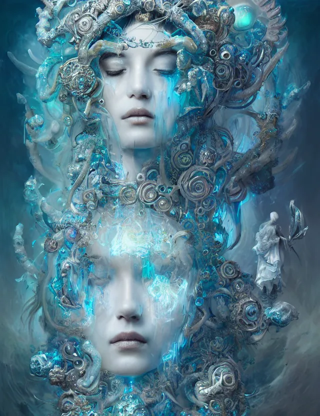 Image similar to goddess portrait from bottom to top by jessica oyhenart in crown made of ram skull, bioluminiscent, plasma, ice, water, wind, creature, super intricate ornaments artwork by tooth wu and wlop and shofff and greg rutkowski