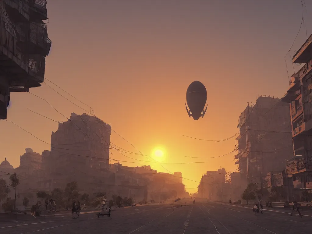 Prompt: streets of delhi, sunset, airship in the sky, clear skies in the distance, hyperreal, artstation