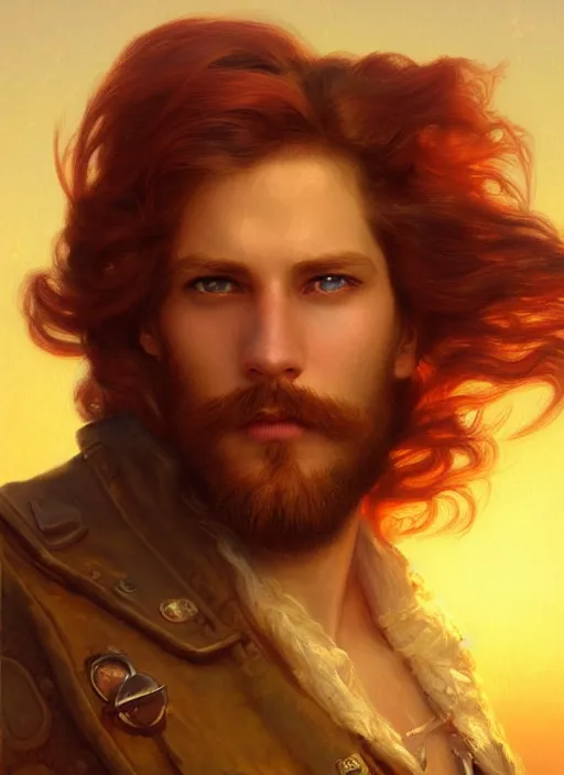 Image similar to portrait painting of a handsome face rugged long hair crimson hair male capitain, top half portrait soft hair steampunk ornate mechanical zeppelin blimp airship in the background sky sunset golden hour fantasy soft hair deviantart book cover art dramatic volumetric lighting art by wlop greg rutkowski gaston bussiere