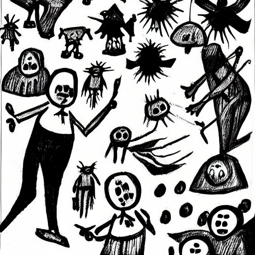 Image similar to abstract children’s drawing of the end of the world., horror,