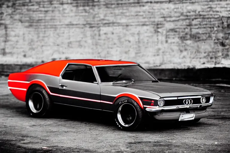 Image similar to audi camaro b 1 ( 1 9 6 9 ) drifting, need for speed : carbon, neon lines, japanese temple multistorey car park, ultra phonk, phonk music background, smoke behind wheels, noise, dark, establishing shot