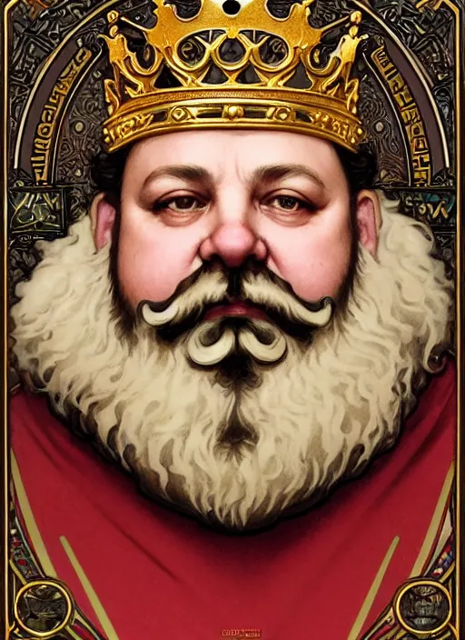 Image similar to close up portrait of the burger king, heavyset middle aged king with big bushy beard, ornate noble robs with jeweled crown by artgerm, cushart krenz, greg rutkowski, mucha. art nouveau. gloomhaven, golden arches logo, pale colors, sharp edges. ultra clear detailed. 8 k. elegant, intricate, octane render