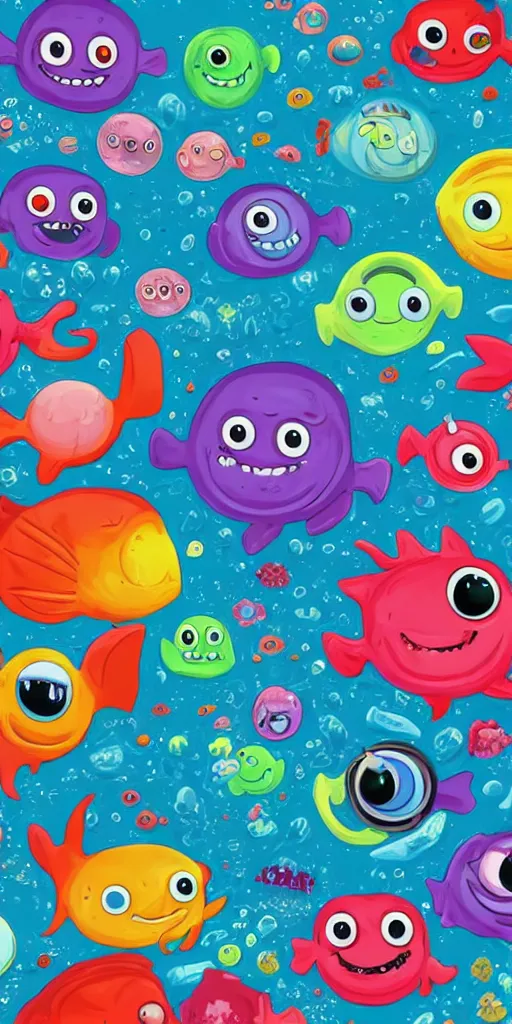 Image similar to colorful cloudy deep sea under water with strange cute friendly happy creatures with huge eyes, mouth, long tongue and round teeth appearing from sandy coral