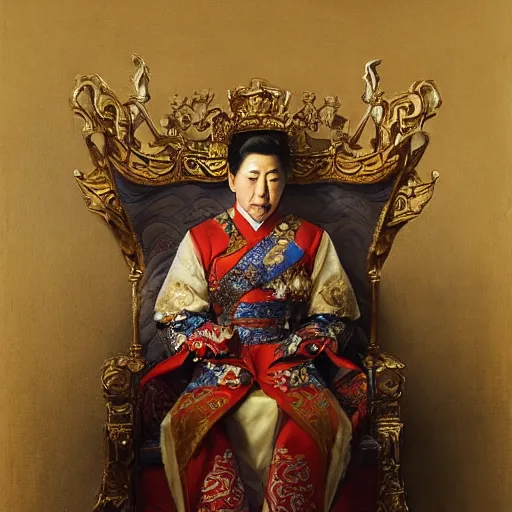 Prompt: portrait of the emperor of japan dressed as a chicken, sitting on his throne at his palace, highly detailed painting by gaston bussiere, craig mullins, j. c. leyendecker 8 k