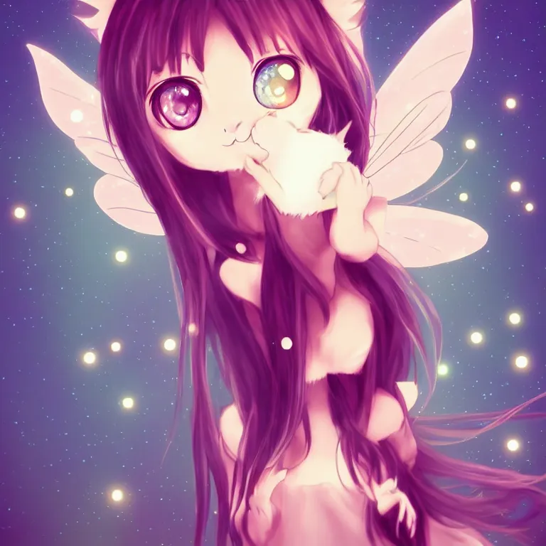 Image similar to cute, full body, female, anime style, a cat girl with fairy wings, large eyes, beautiful lighting, sharp focus, simple background, creative, heart effects, filters applied, illustration