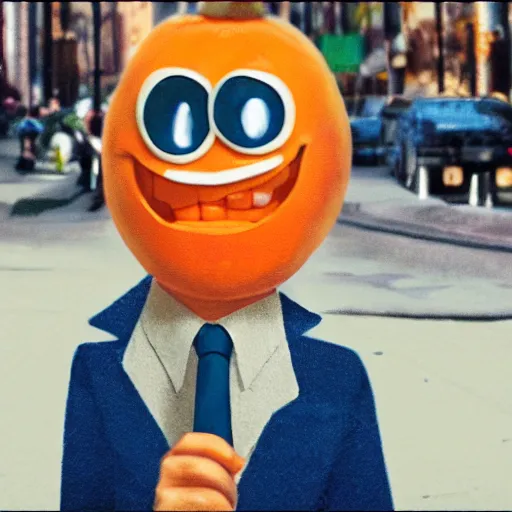 Image similar to cinematic shot of the annoying orange holding a cigarette in his mouth on a city street, very detailed, very intricate,