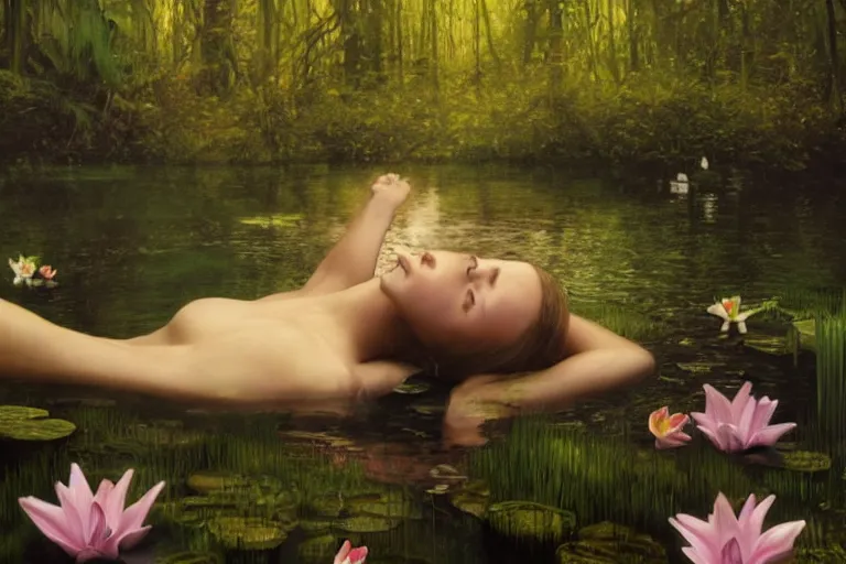 Image similar to hyperrealistic cinematic 3 d portrait of a woman's head and shoulders floating in a pond, surrounded by a forrest of lillies, deep focus, intricate, elegant, highly detailed, matte, sharp focus, by bill henson and gregory crewdson and james jean