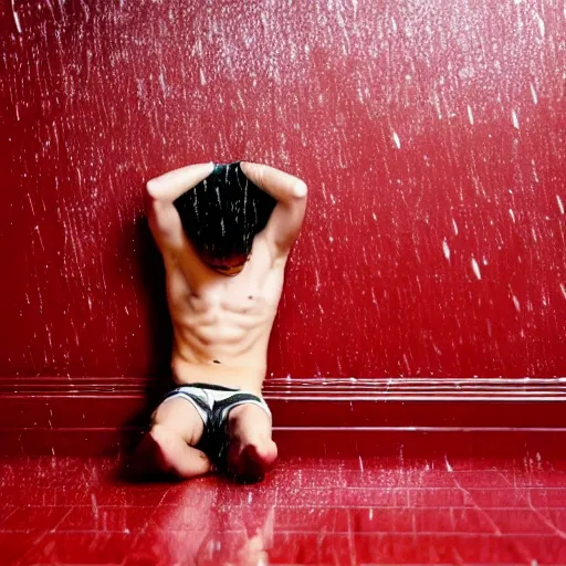 Prompt: A wet young man is standing on the floor on his head in the red room rain