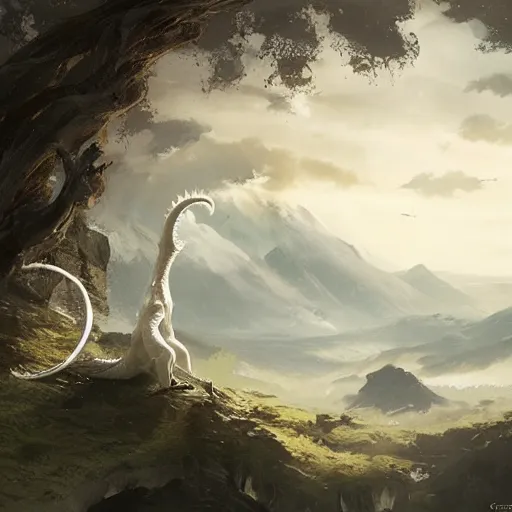 Image similar to a long white oriental dragon, landscape, by greg rutkowski, fantastic