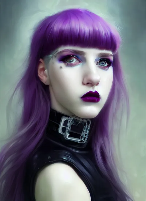 Image similar to portrait of white teenage girl, normal face, white bangs, mall goth, cyberlox, black and white hair, bangs, fluffy bangs, red contact lenses, purple lipstick, intricate, elegant, highly detailed, digital painting, artstation, concept art, sharp focus, smooth, illustration, art by wlop, mars ravelo and greg rutkowski