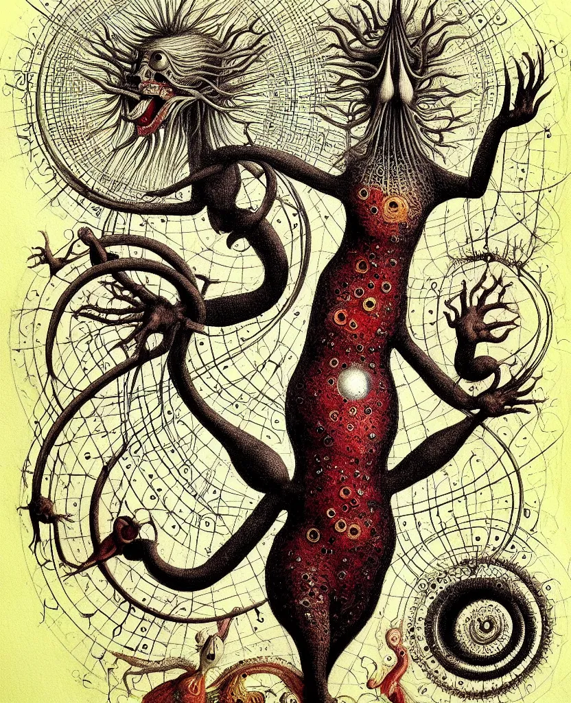 Image similar to whimsical freaky creature sings a unique canto about'as above so below'being ignited by the spirit of haeckel and robert fludd, breakthrough is iminent, glory be to the magic within, painted by ronny khalil